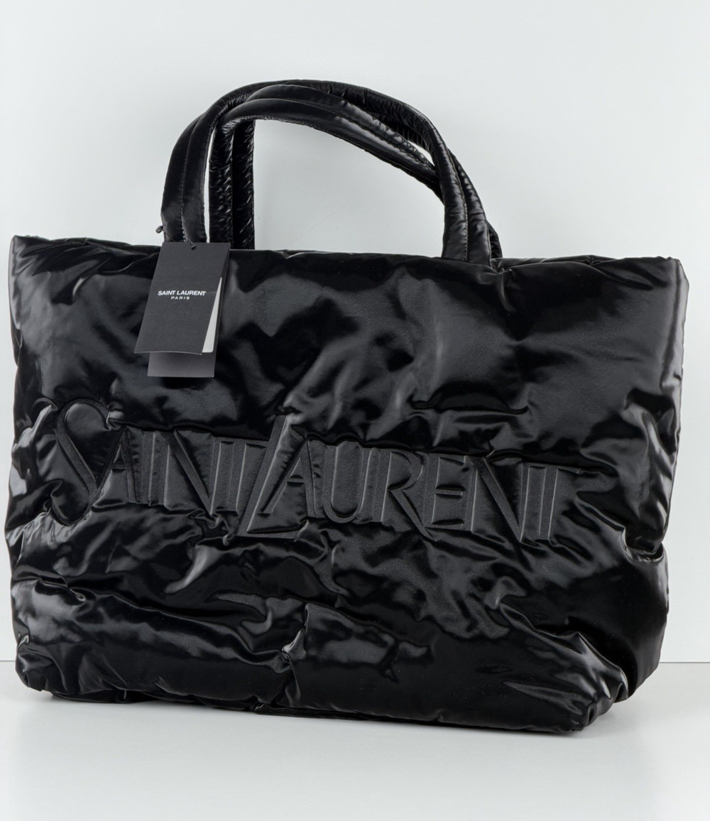 Saint Laurent Padded Tote Bag in Black Shiny Puffy Nylon with Embossed Logo C-6